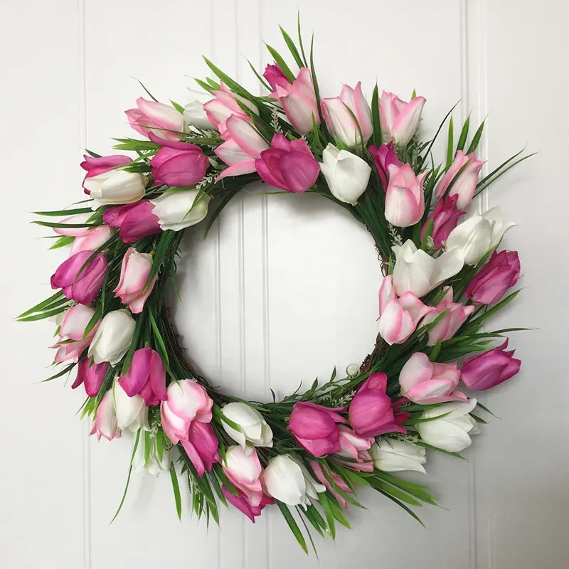 Искусственный цветочный венок с розовыми тюльпанами для входной двери, Весенняя веточка, Цветочный, украшенный, настенный, оконный, 18 дюймов