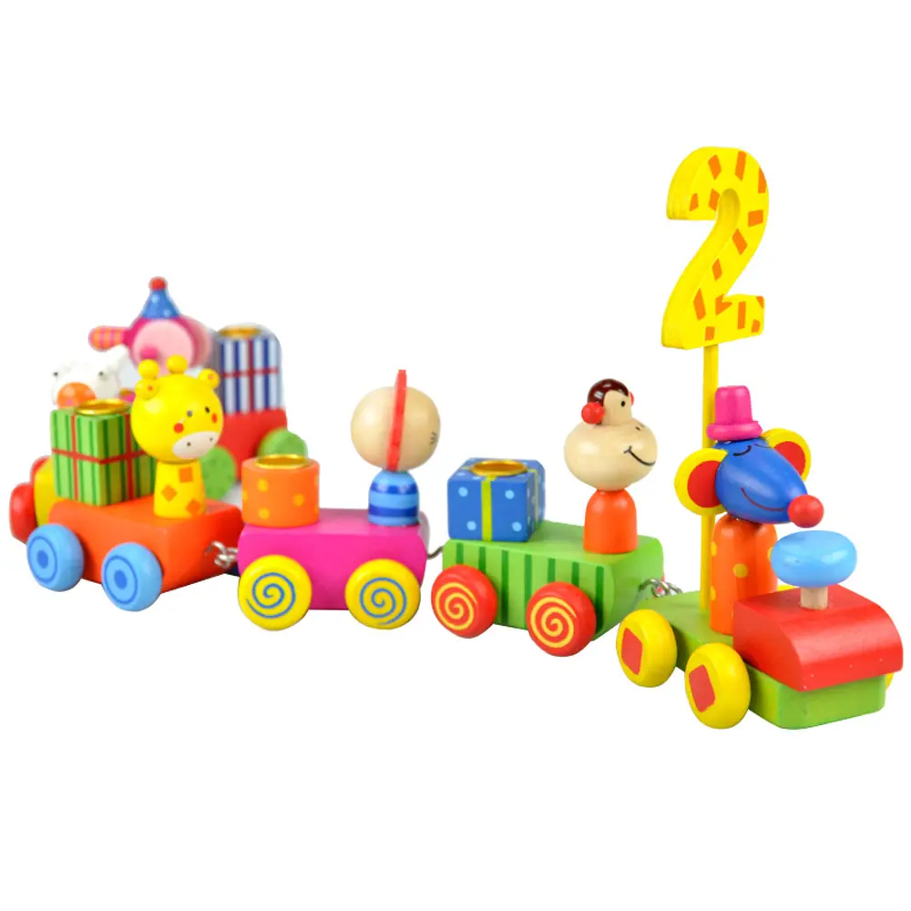 विभिन्न जन्मदिन लकड़ी ट्रेन, गर्म बिक्री जन्मदिन मोमबत्ती लकड़ी ट्रेन खिलौना सेट