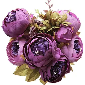 13 머리 패브릭 인공 장미 모란 꽃 유럽 스타일 핑크 퍼플 브라운 블루 꽃 홈 웨딩 파티 장식