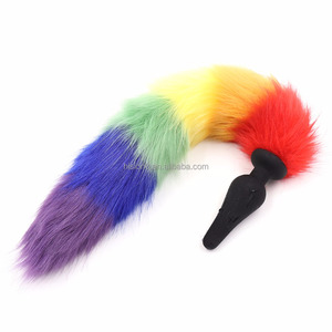 <span class=keywords><strong>Plug</strong></span> Anal de Pêlo Real Colorido Arco-Íris de Comprimento Longo ou Curto com Parada de Silicone Preta - Product Image 1