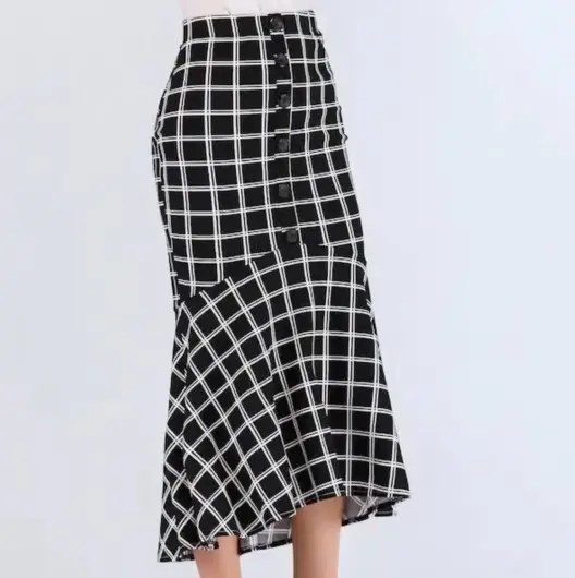 retro style women elegant plaid button front ruffle trim long fishtail skirt