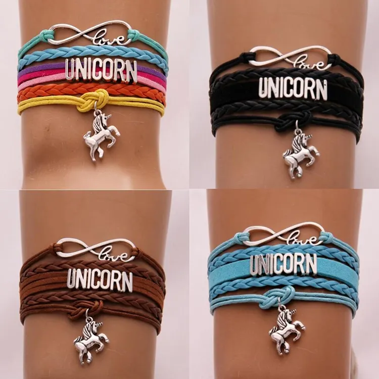 Hand-crafted Custom Made Jewelry Leather Beaded Wrap Bracelet Infinity Love UNICORN Charms Bracelet