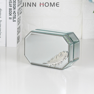 Hexagon Shaped Mirror Glitter Glass Jewelry Box With Silver Metal Feather Decorative Necklace <strong>Ear</strong> <strong>Ring</strong> <strong>Storage</strong> Use - Product Image 3