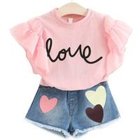 Conjunto de roupas infantis de verão, roupas para meninas, conjunto de 2 peças de camiseta plissada branca, roupas para meninas de 2-7 anos