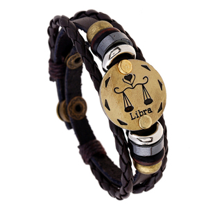 KIKI Vintage 12 zodiaco <span class=keywords><strong>bracciali</strong></span> in pelle per gli uomini moda Punk perline in legno Charm lega di bronzo gioielli anniversario di nozze regali - Product Image 5