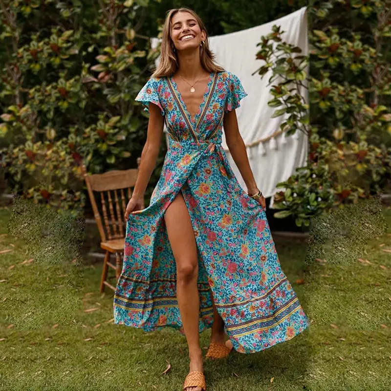 Hohe Taille Floral V-ausschnitt Boho frauen Maxi Kleid Kurzarm Split Spitze UP Wrap Lange Kleider Frauen 2019 Sommer strand Kleidung