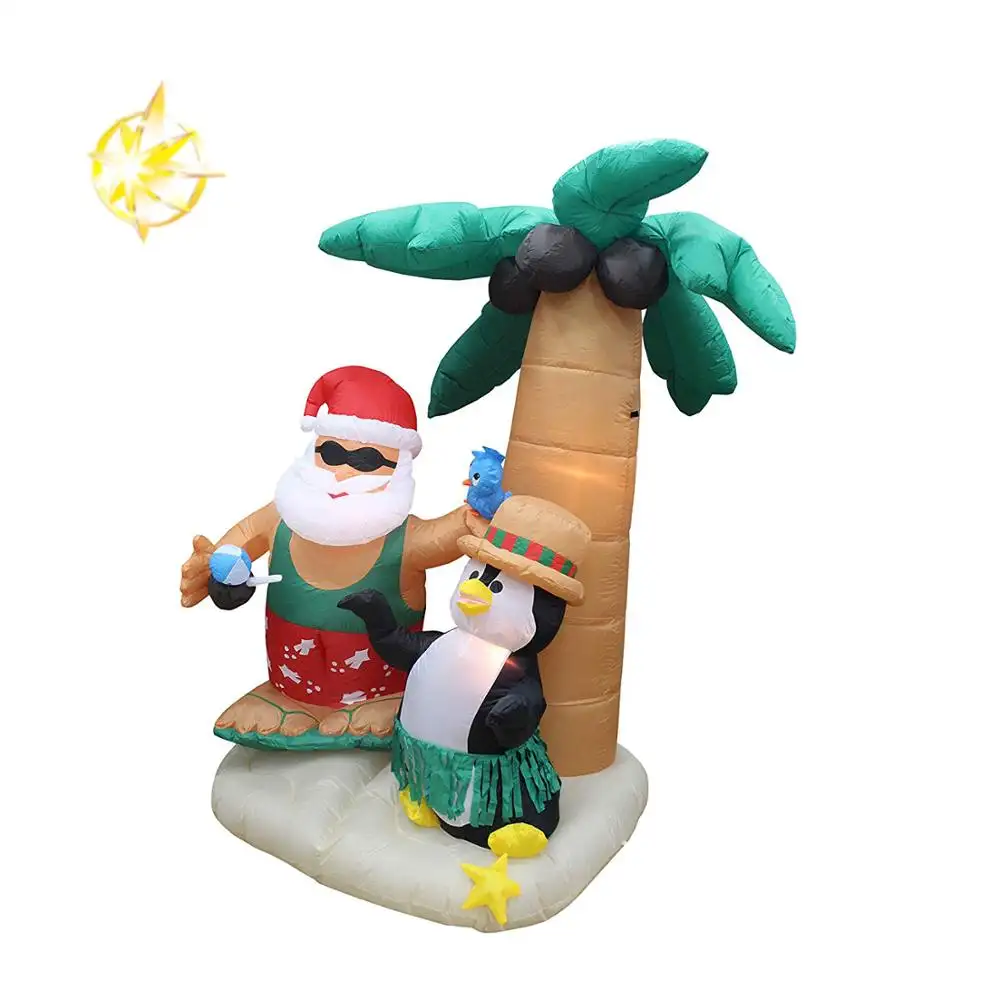 7 Foot Inflatable Santa Claus & Penguin on an Island w/ Palm Tree