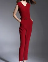 유행 디자인 깊은 V 목 섹시한 민소매 공식 숙녀 빨간 jumpsuit