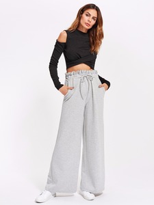 New Arrivals 2020 <strong>Women</strong> Casual High Waist Wide Leg French Terry Palazzo Sweat Pants - Product Image 3