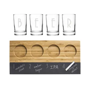 Bamboo and Slate Craft Beer Tasting Flight Board with BEER Engraved Glasses