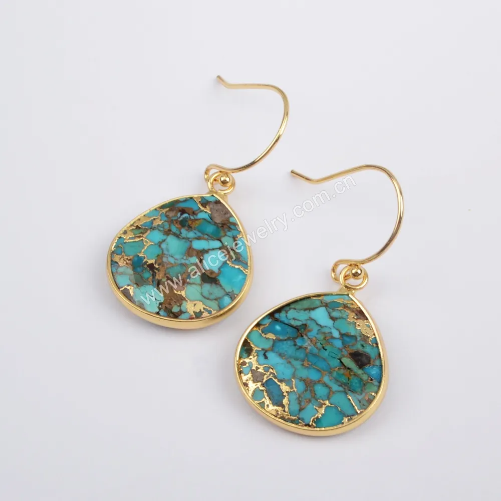 G1858 Teardrop Gold Plated Boho Copper Turquoise Earrings Unique Drop Turquoise Earring 2021