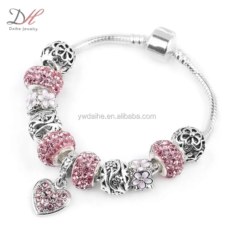 Pink Crystal Beads Bracelets Silver Plated Girl Charm Bracelets Pulseras For Women