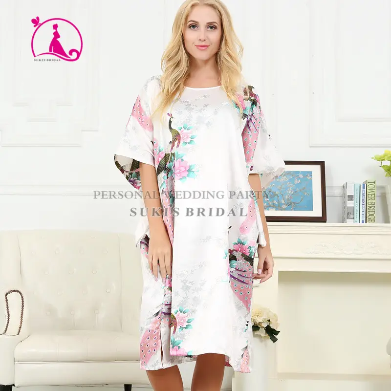 Lady Zijde Satijn Pyjama Lingerie Nachtkleding Kimono Gown Nachthemd Lange Gewaad Wit