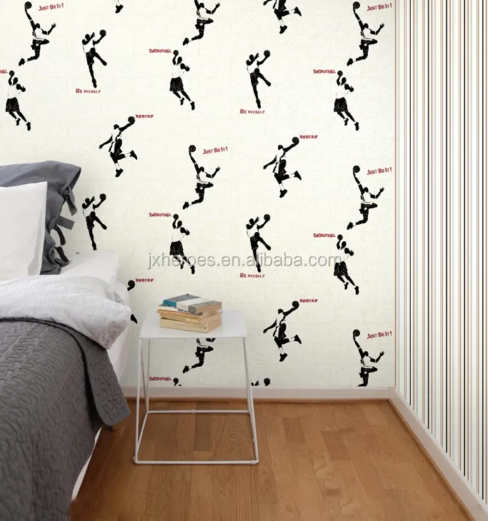 Handsome Basketball Shot and English Words Pattern Boy Bedroom and Healthy Room Decoration Wallpaper