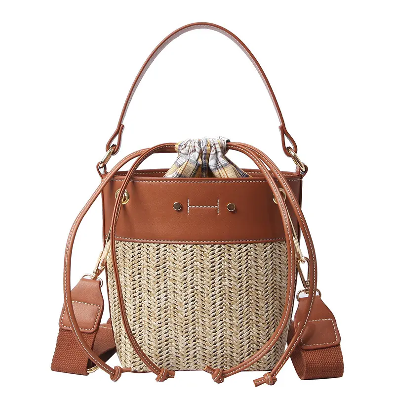 Женская летняя Соломенная Сумка-ведро ручной работы, Пляжная модная кожаная сумка на шнурке