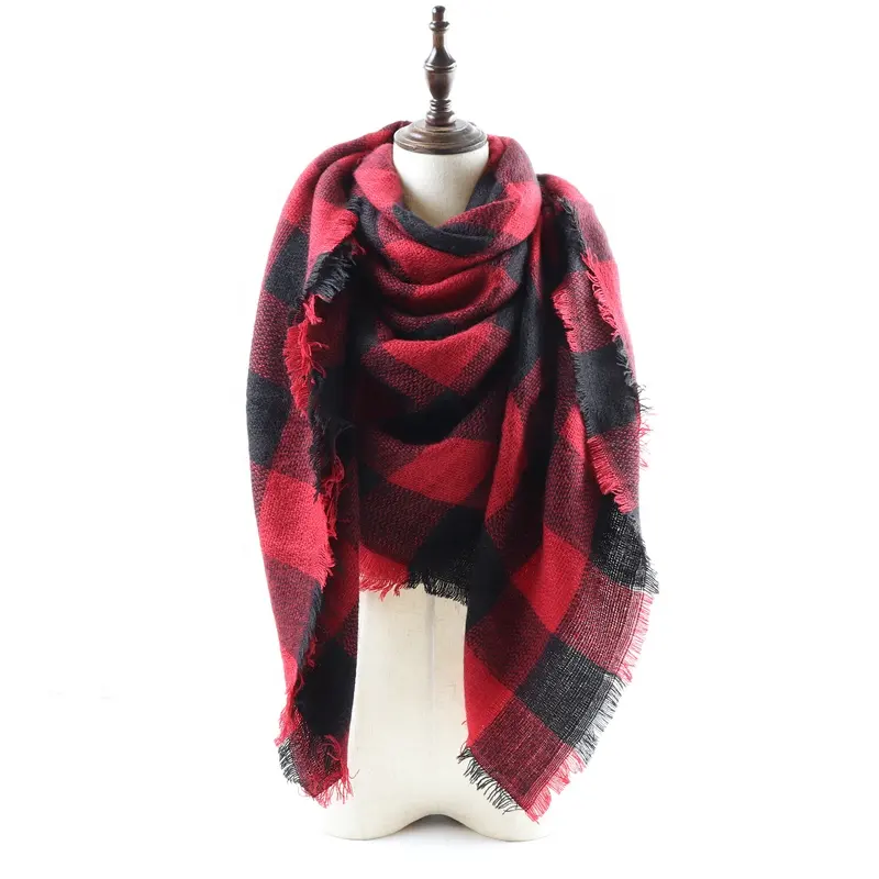 Hot sale stock fashion large oversize red and black tartan plaid scarf christmas winter cape red buffalo plaid blanket scarf