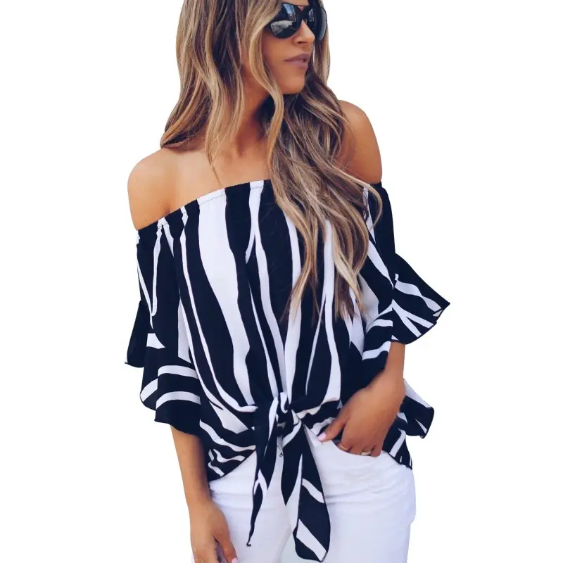 6 Color Off The Shoulder Tops For Women Blouses T Shirts Lacing Half Sleeve Print Vertical Striped Top Tees A251051