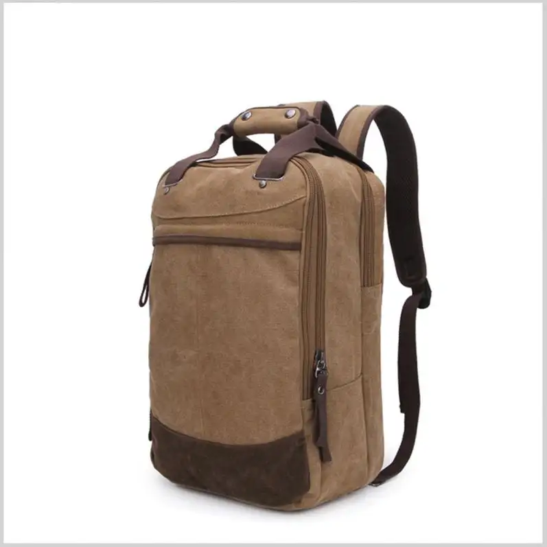 Multipurpose Vintage Khaki Canvas Laptop Handbag And Backpack Bag With Real Leather Handles