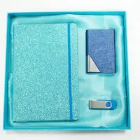 פרימיום מתנה סט עם כחול חלבית וגומייה מחברת כהה כחול מתכת כרטיס קליפ וגדול קיבולת USB סט עסקי מתנה