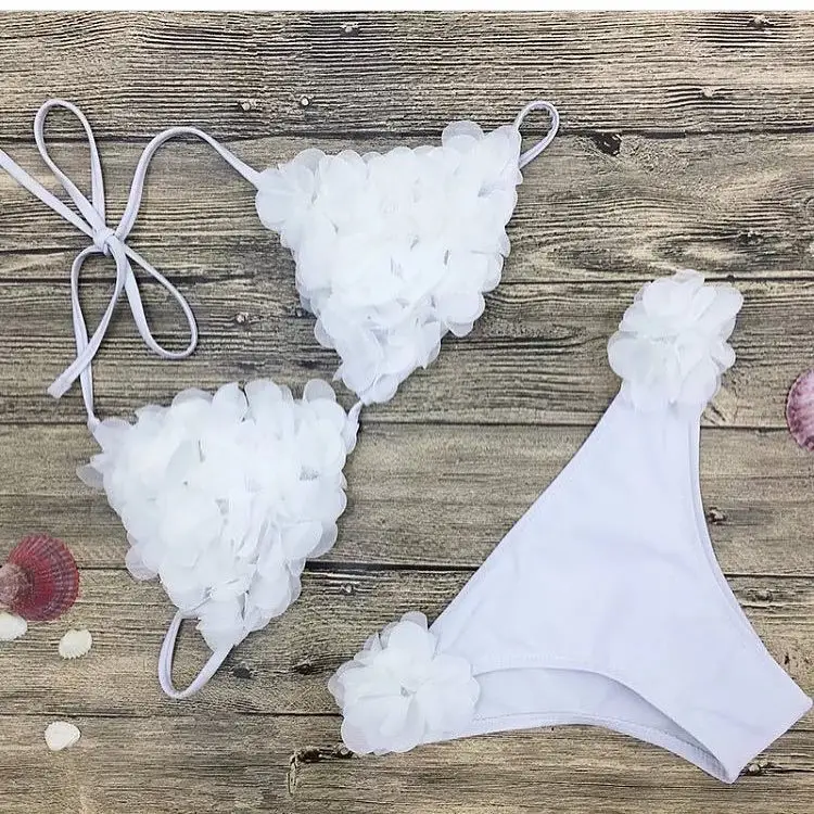 Wholesale Women Triangle 3D Flower Bikini Set with Applique Flower Swimwear Beachwear