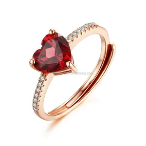 Adjustable Silver Rings Heart Shape Genuine Garnet Stone Costume Jewelry Gemstone Ring for Girl