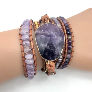 Gelang Fashion untuk Wanita Batu Alami Kristal Kuarsa Pesona 5 Helai Bungkus Gelang Buatan Tangan Boho Kulit Perhiasan Gelang