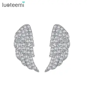 LUOTEEMI de lujo de alta calidad de moda de fiesta boda única Micro Pave Tiny Cubic Zirconia pluma pendientes para las mujeres