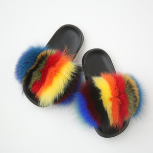 Multicolor toddler furry real fox rainbow fur slides/kids fluffy fur slides - Product Image 6