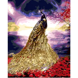 Hand Painted Abstract Oil Painting Golden Feathered Peacock Custom Oil Painting For Sale Wall Art Picture Home Decor