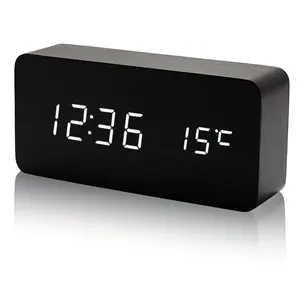 Voice Control Usb Charge Tijd Datum Temperatuur Led Display Digitale Tafel Houten Wekker