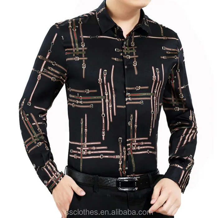 Men New Fashion Design Breathable Material Printed Silk Shirts Chinese Stand Lapel Long Sleeve Print Pattern Casual Shirts