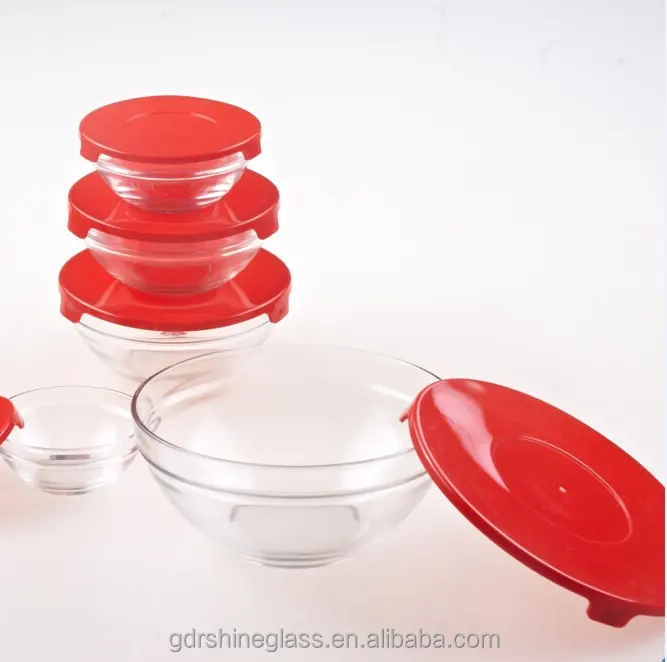 Set von 5 stücke glas mischen salatschüssel mit bunten kunststoffdeckel