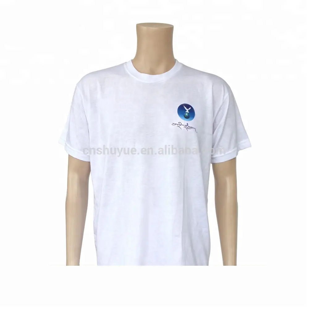 Camiseta de poliéster con logo personalizado, barata, lisa, blanca, por debajo de $1, China