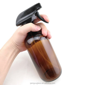 500ML Refillable Boston Round 16 oz Amber Spray Glass Bottle with Trigger Spray Top