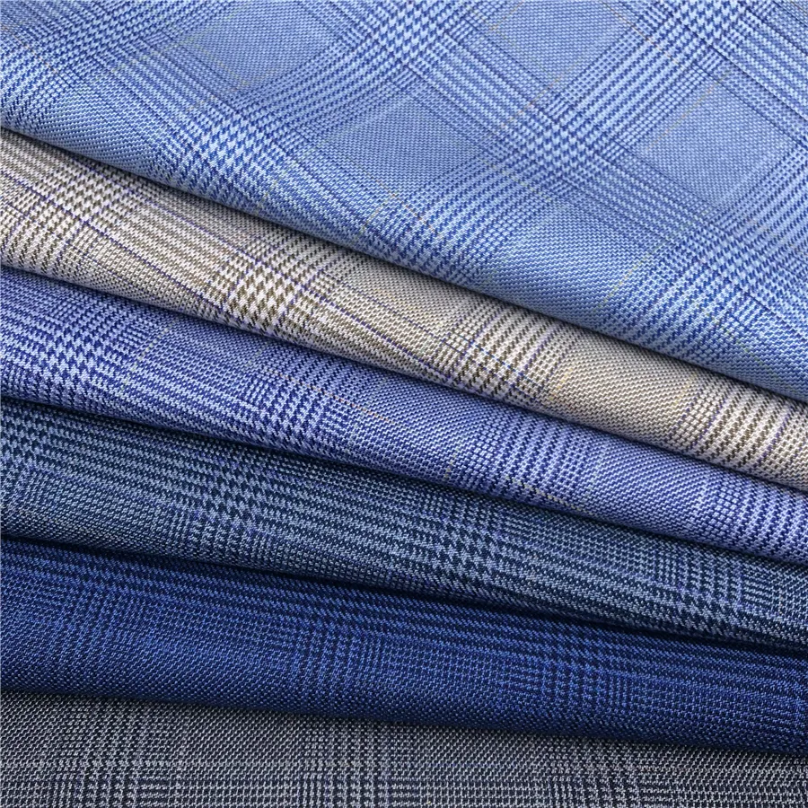 Summer thin Polyester Viscose TR blend material checked tweed indigo fabric suiting men's suit trouser blazer fabric for garment