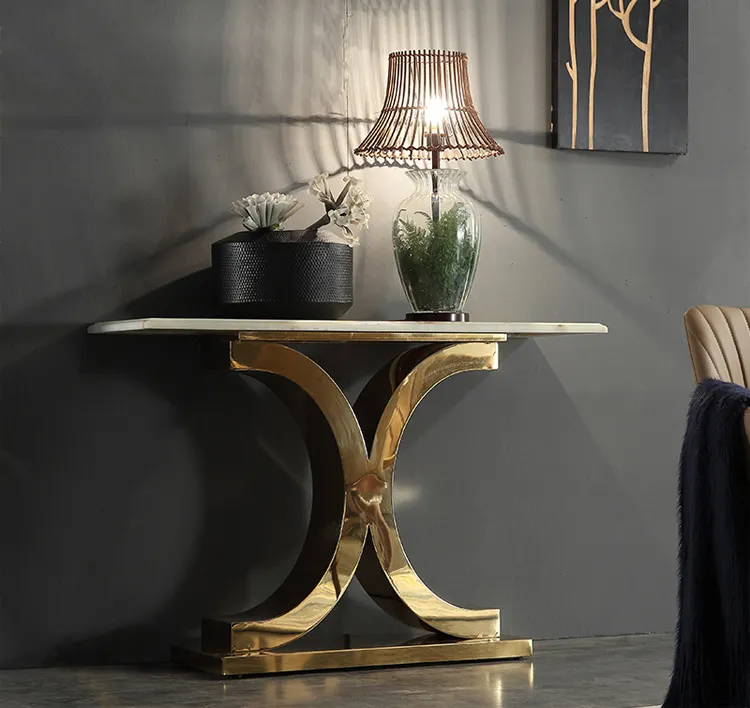Lüks modern oturma odası mobilya mermer masa altın paslanmaz çelik duvar konsol masa