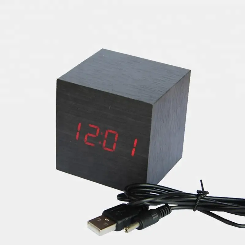 EMAF Factory Promotional Cube Temperature Display Wooden Desk LED Clock Bedstand Digital Alarm Clock