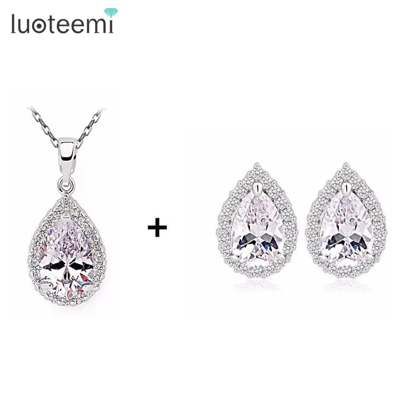 LUOTEEM A Buon Mercato All'ingrosso Dei Monili di Cerimonia Nuziale Set Placcatura In Platino Crubic Zircon Degli Orecchini Della Collana Set per le Donne Gioielli Festa di Nozze