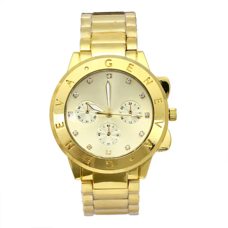 China manufacture high quality geneva quartz metal wrist watch gold watch newest