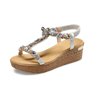Ultimo disegno <span class=keywords><strong>pietre</strong></span> di cristallo tacco alto cuneo fancy signora girls pu <span class=keywords><strong>argento</strong></span> slip on sandalo - Product Image 3