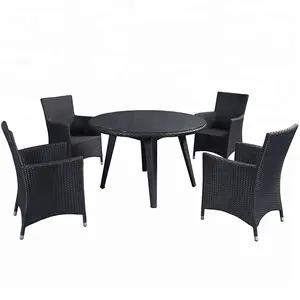 Black Patio Round Coffee Table Chair Outdoor Garden Cane Rattan Wicker Furniture