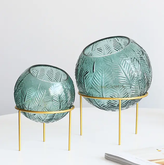 Olivgrüne Farbe im nordischen Stil Glas Bubble Bowl Vase geprägtes Blatt muster mit goldenem Metallst änder für Wohnkultur