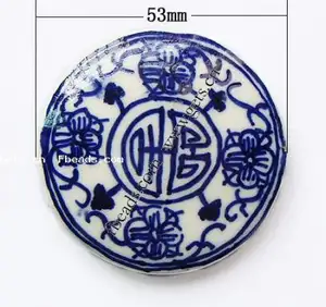 Perles en porcelaine de chine bleue et blanche, en céramique à disque pour la fabrication de bijoux, avec un trou de 2mm, rond et plat de 53x53x11mm, 206378 pièces