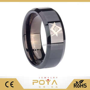 POYA Bijoux Pour Elle et Lui 2 pcs Carbure De Tungstène Franc-Maçon Maçonnique Noir Tuyau Cut Anneau - Product Image 1