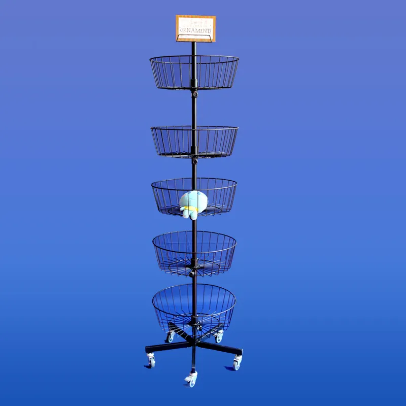 Dispositivo elétrico da loja de varejo bin despejo de posição ajustável cesta de arame redondo giratório suporte de chão pelúcia brinquedos de metal cremalheira de exposição de varejo