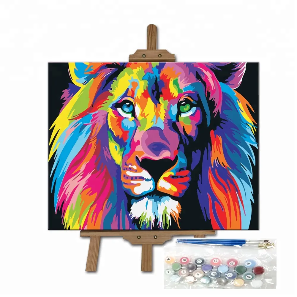 Rolled 16X20 Inches Diy Abstract Rainbow Animal Art Kit Lion Paint by Number