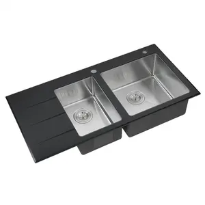 CE approved black drainboard kitchen sink stainless tempered glass double sink