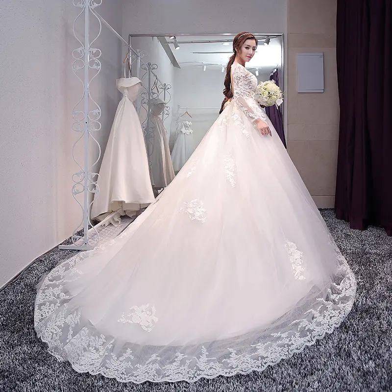 Vestido de casamento, novo design de luxo casamento vestido de noiva de cauda longa