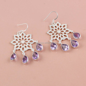 Boucles d'oreilles pendantes artisanales en argent sterling 925 avec améthyste naturelle facettée, bijoux uniques certifiés Expor pour mariage et fête - Product Image 1