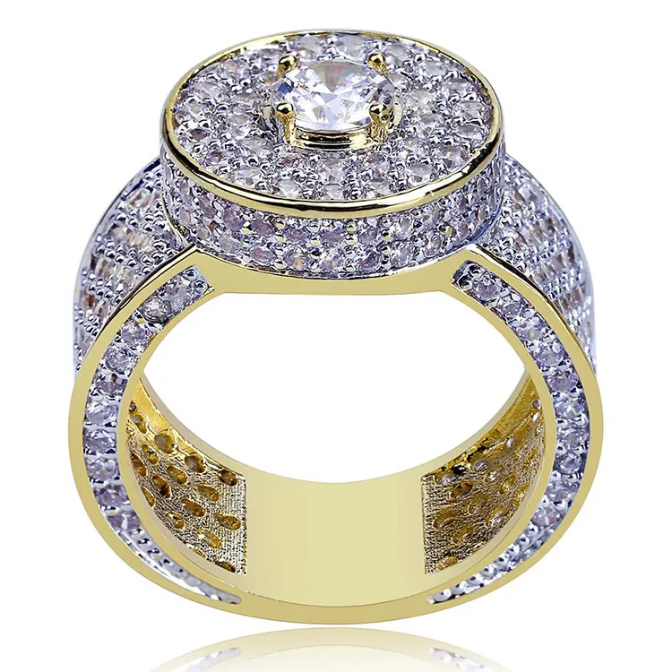 Hip Hop Bling Iced Out Round Crystal Ring Gold Color Brass Cubic Zirconia Wedding Rings For Men Jewelry US Size 6-12